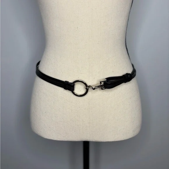 Black Leather Belt Womens vintage Y2K with Silver Buckle toggle bridle medium - Picture 5 of 7